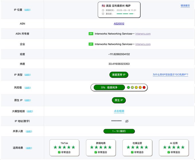 A Chinese-language IP detection webpage showing location as Phoenix, Arizona, USA, with ASN AS20012 (Interworks Networking Services) and coordinates 33.41, -111.82.