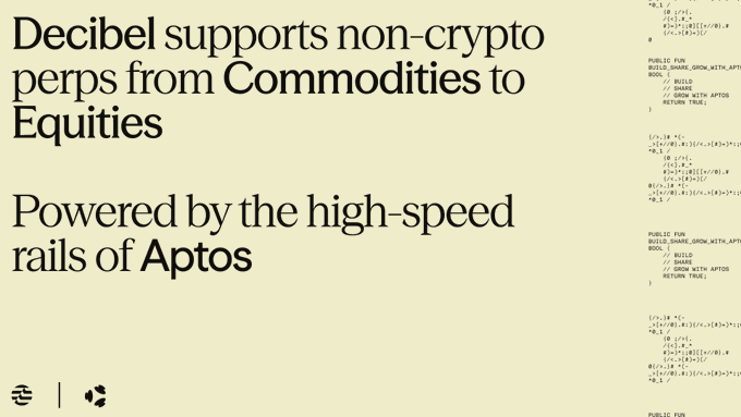The image shows a white background with black text that reads "Decibel supports non-crypto perps from Commodities to Equity perps including NVDA, TSLA, GOOGL, AMZN, MU, SNDK, and CBRS". The text is in black against the white background. The image also contains a list of companies listed below it, which includes gold (XAU), silver (XAG), oil (WTI), and equity perps such as NVDA, TSLA, GOOGL, AMZN, MU, SNDK, and CBRS.