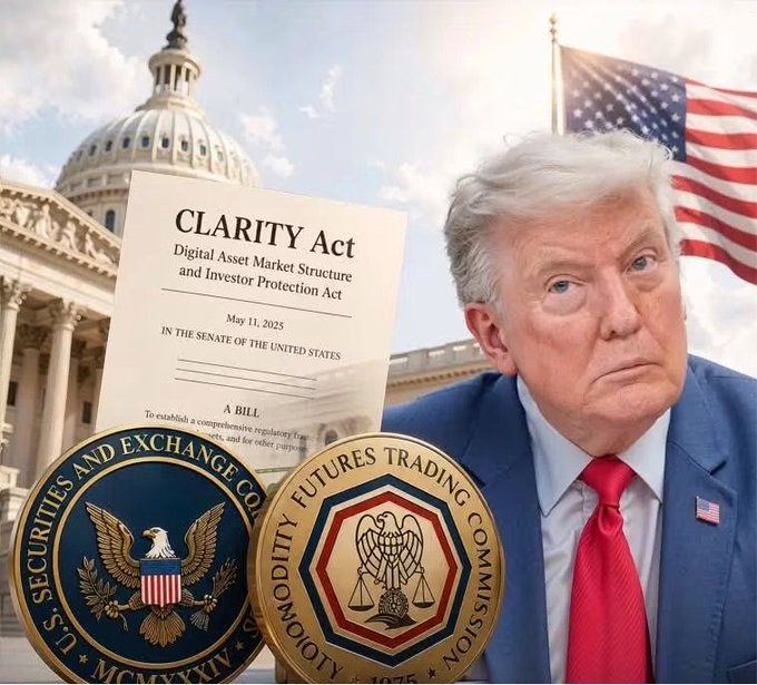 This collage features Donald Trump alongside an image of the "CLARITY Act" (Digital Asset Market Structure and Investor Protection Act) dated May 11, 2025, set against the U.S. Capitol and the seals of the SEC and CFTC. The image visually represents the legislative and regulatory tension surrounding the future of digital asset oversight mentioned in the post.