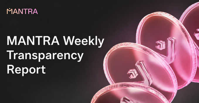 The image features a banner with text that reads "MANTRA Weekly Transparency Report" written in pink and black colors, along with some pink circles or coins scattered around the edges of the banner. The background color of the image is dark gray.