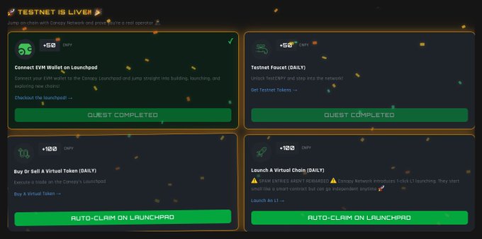A screenshot of a 'TESTNET IS LIVE' dashboard showing four quest cards with tasks like connecting EVM wallets, testnet faucets, and virtual token transactions.