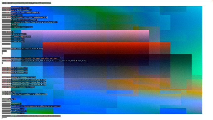 A blurred screenshot of programming code overlaid with colorful horizontal gradient bands in red, blue, green, and purple.