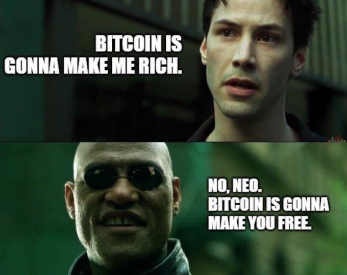 This meme from The Matrix shows Neo thinking "BITCOIN IS GONNA MAKE ME RICH," and Morpheus correcting him with "NO, NEO. BITCOIN IS GONNA MAKE YOU FREE." The accompanying post "$BTC" relates by showing support for Bitcoin as a means of financial freedom.