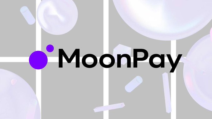 The MoonPay logo displayed in black text with a purple dot icon, set against a light background with floating spheres and abstract shapes.