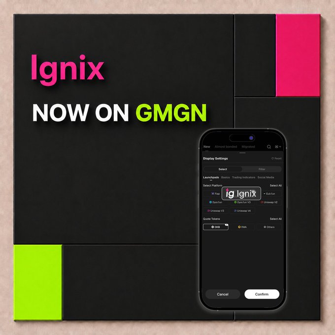 Promotional graphic announcing "Ignix NOW ON GMGN" in bold pink and green text on a black geometric background, with a smartphone mockup displaying the GMGN platform's "Select Platform" interface where "Ignix" is now listed among other platforms like Fartcoin, Fogo, and various V2 versions, confirming the partnership integration mentioned in the caption.