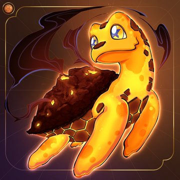 A digital illustration of a cute sea turtle character with a yellow shell glowing with molten lava-like cracks against a dark background.
