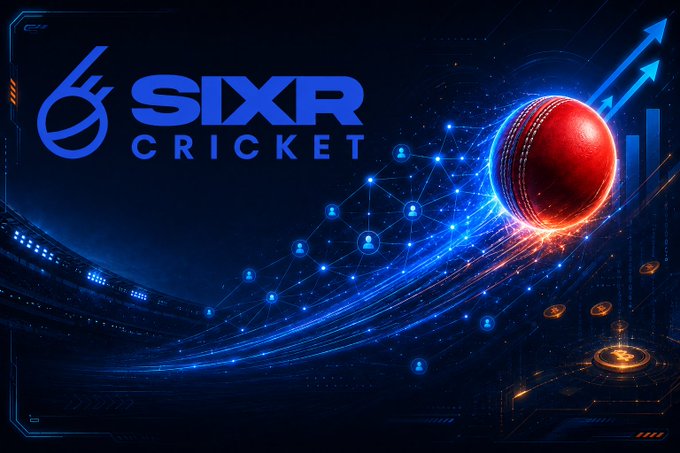A digital promotional graphic for '6SIXR CRICKET' featuring a red cricket ball, blue data streams, and network icons.