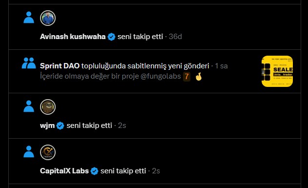 A screenshot of social media notifications in Turkish, showing users like 'Avinash kushwaha', 'wjm', and 'CapitalX Labs' following the account, along with a post from 'Sprint DAO topluluğu' tagging '@fungolabs'.
