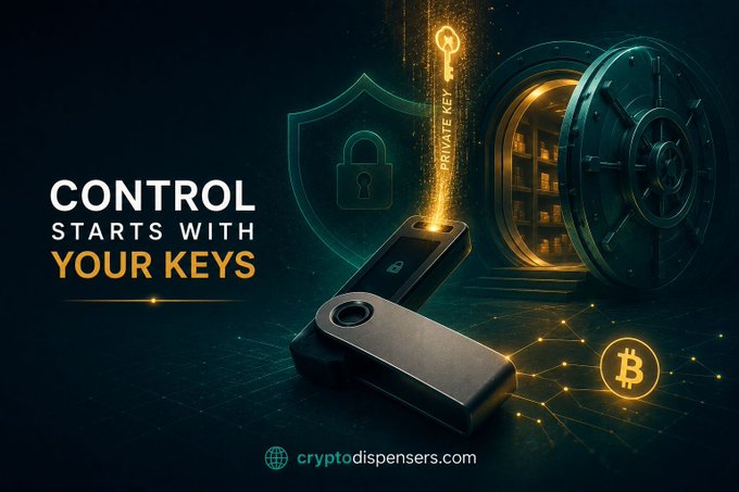 Advertisement for cryptodispensers.com featuring hardware wallet keys, a shield with a padlock, a vault, and a Bitcoin symbol with the tagline 'CONTROL STARTS WITH YOUR KEYS'.