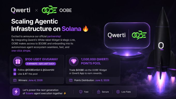 The image features a poster or banner with a rocket ship on it, along with text that reads "Scaling Agent Infrastructure on Solana" and "OOBE". The background of the image is dark purple, which contrasts with the rocket ship and makes it stand out. There are also some purple elements in the image, such as a purple cloud and a purple box. The poster or banner appears to be promoting an event or product related to blockchain technology and AI integration.