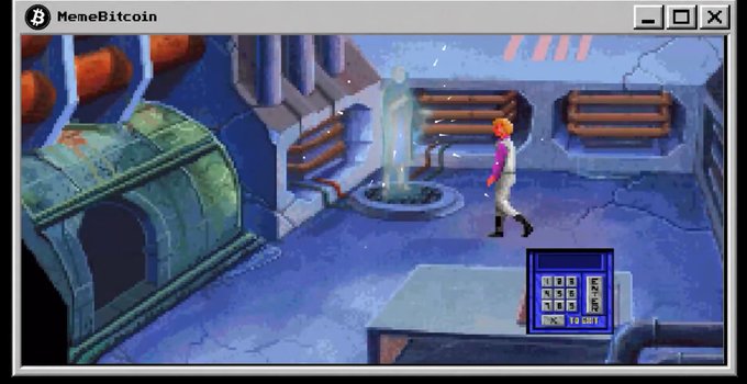 A screenshot of a retro-style video game window titled "MemeBitcoin" showing a character walking through an industrial area with a digital display reading "SECURE 99 BAGS 13 UNIT" in the corner.