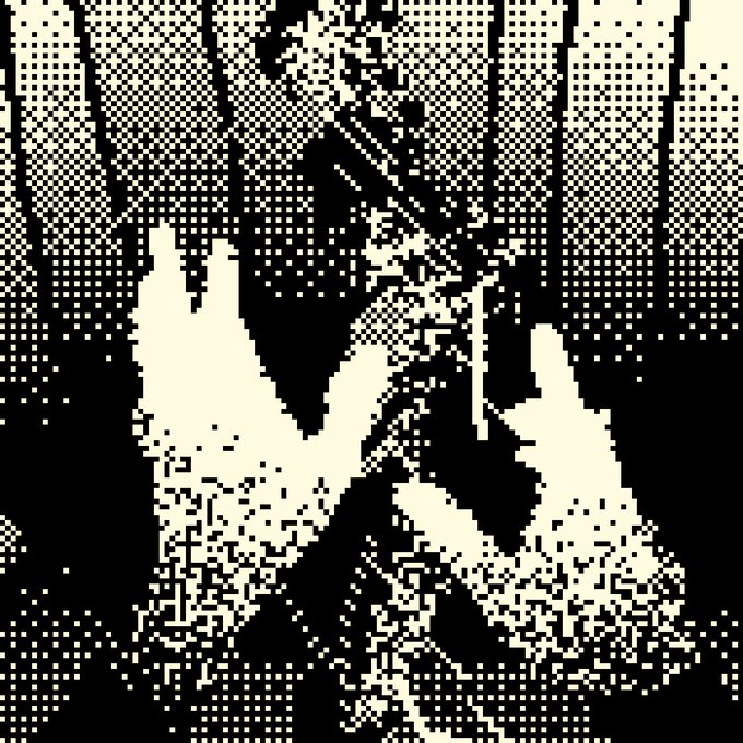 A high-contrast, black and white pixelated image showing abstract shapes that resemble a hand and a winged figure.