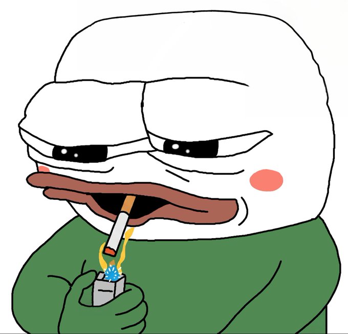 A cartoon frog in a green shirt has a cigarette dangling from its lips while lighting it with a lighter, looking exhausted and dead-eyed. The image humorously depicts the self-destructive "default" behavior of memecoins like $PUMP, suggesting that trading these tokens inevitably leads to burnout.