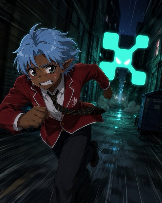 An anime scene featuring a blue-haired character in a red school uniform running down a rainy alley with a determined expression, while a glowing cyan skull-like figure pursues him from behind.