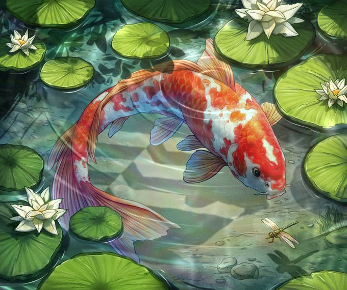 A vibrant koi fish with red and white markings glides through a serene pond surrounded by green lily pads and white lotus flowers, while a small dragonfly hovers nearby. The tranquil scene evokes the calm, reflective "Aptos Morning" atmosphere suggested by the caption.