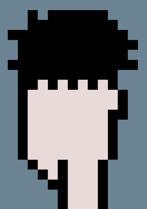 A pixel art image showing a simple black silhouette of a person or character with a white shirt against a blue-gray background.
