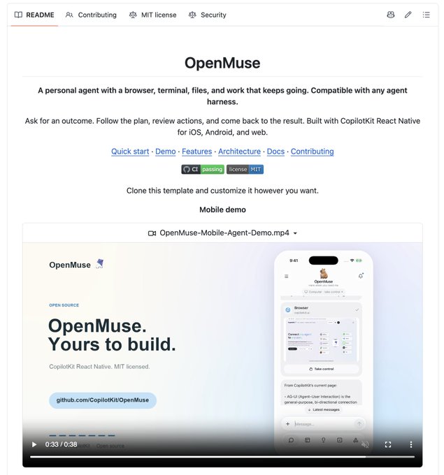 A GitHub README page for 'OpenMuse,' described as a personal agent with a browser, terminal, files, and work, MIT licensed, built with CopilotKit React Native.