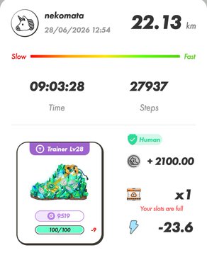 A fitness app screenshot from nekomota showing 22.13 km, a time of 09:03:28, 27937 steps, and a Level 28 Trainer with a snake avatar, showing a human energy gain of +2100.00.