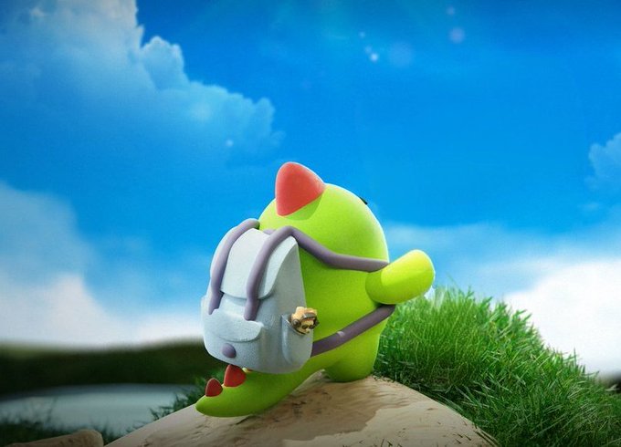 urn-shaped figurine with a red hat and backpack sits on a rock, gazing at the camera against a clear blue sky.