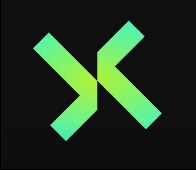 A minimalist graphic of an interlocking, angular 'X' or geometric knot logo in a bright green-to-yellow gradient against a black background.