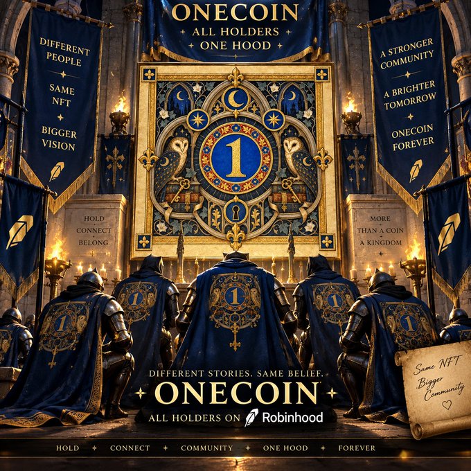 A promotional graphic for 'ONECOIN' featuring hooded figures in blue cloaks bearing a '1' emblem, with text reading 'ALL HOLDERS ONE HOOD', 'DIFFERENT STORIES. SAME BELIEF.', and 'ALL HOLDERS ON Robinhood'.