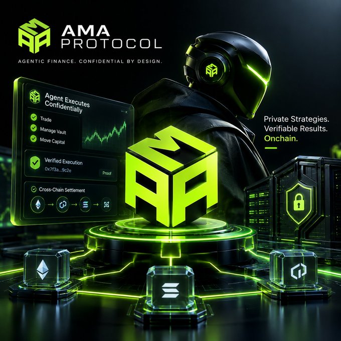 A promotional graphic for 'AMA PROTOCOL' featuring the tagline 'AGENTIC FINANCE. CONFIDENTIAL BY DESIGN.' and 'Private Strategies. Verifiable Results. Onchain.', showcasing a futuristic figure in a helmet alongside features like 'Agent Executes Confidentially', 'Verified Execution', and 'Cross-Chain Settlement'.