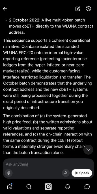A mobile screen displays text discussing a "2 October 2022" live multi-token batch moving cbETH to the WLUNA contract address.