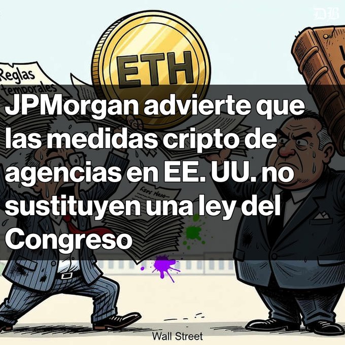 A Spanish-language crypto news graphic overlays a Wall Street-style cartoon with a large “ETH” coin; the headline reads “JPMorgan advierte que las medidas cripto de agencias en EE. UU. no sustituyen una ley del Congreso.”