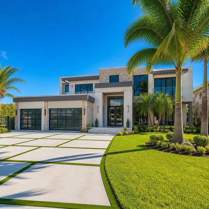 A photograph of a luxurious modern two-story house with a stone and white facade, large windows, a two-car garage, manicured lawn, and tall palm trees under a clear blue sky.