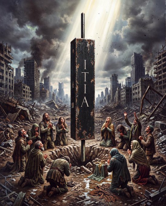 A post-apocalyptic scene shows a group of people in tattered robes kneeling in prayer around a large, rusted monolith bearing the letters "ITIA," with ruins of a destroyed city stretching into the smoky background under a dramatic beam of light—evoking religious reverence toward the ticker as if it were a sacred relic. The caption playfully suggests "ITIA szn" has become a season of devoted worship for believers in the stock.