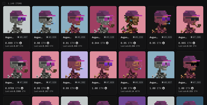 A screenshot of an NFT marketplace displaying a grid of pixel-art character avatars labeled "Argon..." with varying prices in ETH and past sale values.