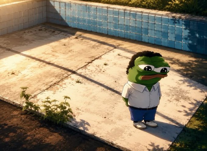 A 3D-rendered Pepe the Frog character wearing a white short-sleeve shirt and blue pants stands with a sad expression inside a tiled, empty swimming pool.