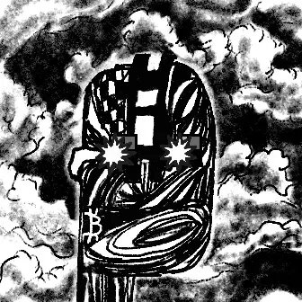 A black and white stylized illustration features a figure with a Bitcoin (₿) symbol on its chest, set against a cloudy background with a checkered pattern.