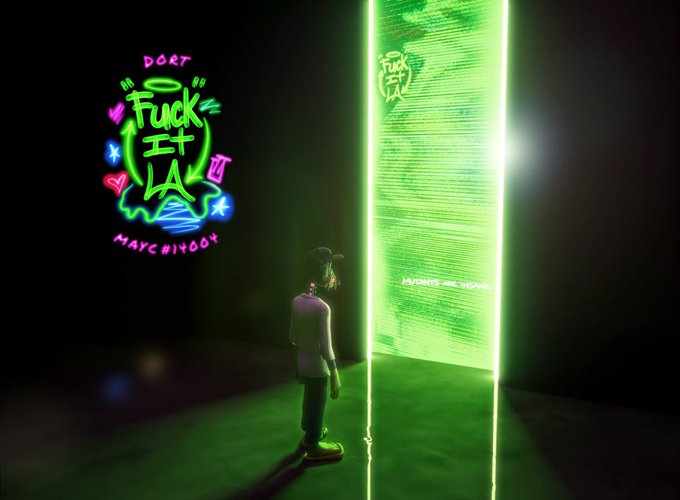 A 3D rendered scene showing a character looking at a glowing green portal with 'DON'T FUCK IT UP LA' neon graffiti on the wall, dated May 21, 2008.