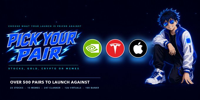 A promotional banner reading 'PICK YOUR PAIR' advertising a trading platform with over 500 launch pairs including 23 stocks, 15 memes, 247 clanker, 126 virtuals, and 100 BANXR, featuring NVIDIA, Tesla, and Apple logos alongside an anime character.