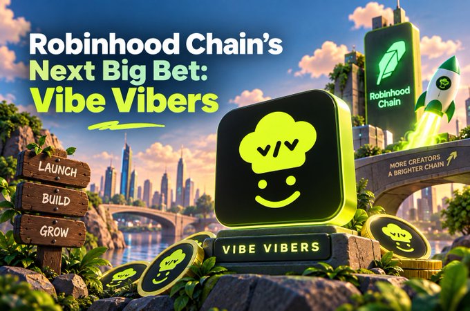 A promotional graphic titled "Robinhood Chain's Next Big Bet: Vibe Vibers" features a smiling green cloud-like icon with "Launch, Build, Grow" on wooden signs.