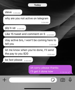 A screenshot of a Telegram chat conversation where a user named "g is up" has shared about receiving a $20 reward for liking 15 tweets and commenting on 5, while another user named "steve" responds expressing disinterest in that kind of activity. The chat shows timestamps from around 5:03 AM to 5:06 AM, with the original message about earning $20 for social media engagement being the focus of the conversation.