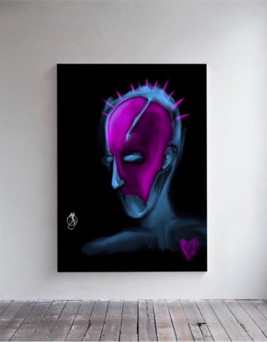 A framed digital painting of a blue-skinned figure wearing a pink spiked mask, hanging on a wall above a wooden floor.