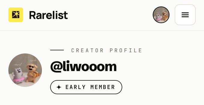 A screenshot of a Rarelist creator profile page for @liwooom, marked as an Early Member, featuring a profile picture of a stuffed rabbit and bear.