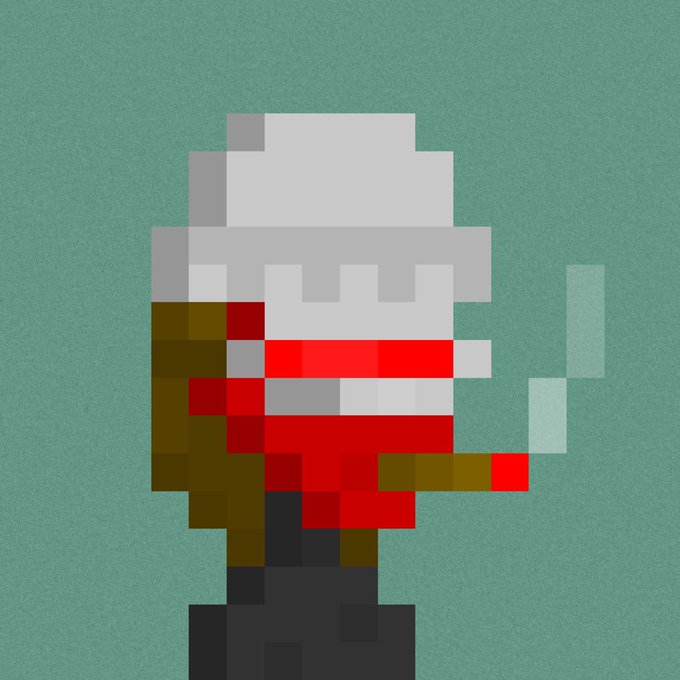 A pixel art rendering of a character wearing a red and white Santa hat and red outfit, shown smoking with a green cloud against a teal background.