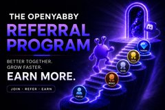 A promotional graphic for "The OpenYabby Referral Program" featuring a glowing blue staircase with avatar icons ascending toward a portal, with the tagline "Better together. Grow faster. Earn more." and a "Join · Refer · Earn" call-to-action. The visual reinforces the post's message about climbing rank tiers (Starter, Bronze, Silver, Gold) by depicting a progressive upward journey toward becoming an OpenYabby Ambassador.