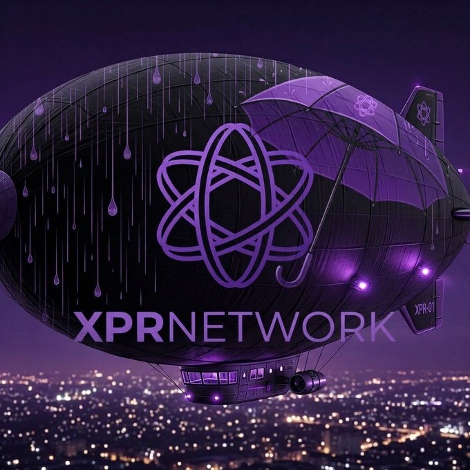 A dark purple zeppelin airship branded with 'XPR NETWORK' and its atom-like logo flying over a city at night.