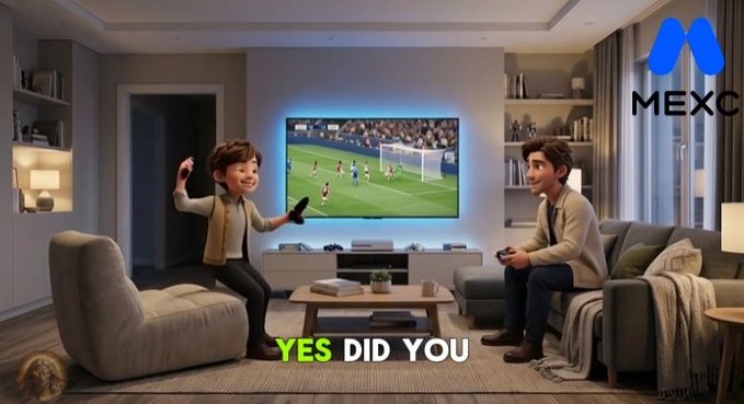A cartoon-style image shows a father watching a soccer match on TV in a living room while his excited son cheers with a remote control nearby, with subtitle text reading "YES DID YOU" at the bottom and the MEXC logo in the upper right corner. The scene visually illustrates the casual, relatable everyday moment that the accompanying post uses to introduce the MEXC Card's cashback benefits before diving into deeper analysis.