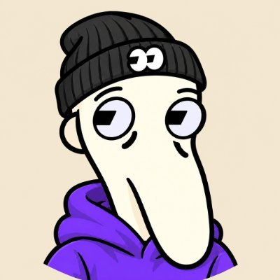 A cartoon illustration of a pale, elongated-faced character wearing a black beanie and purple hoodie, with half-closed eyes.