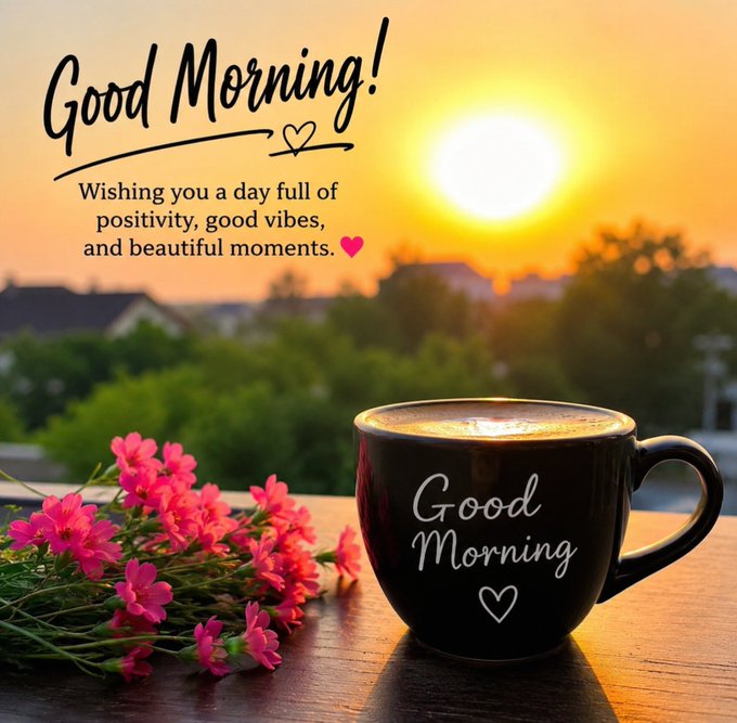 A 'Good Morning!' greeting image featuring a black coffee mug with 'Good Morning' written on it, pink flowers, and a sunrise over a residential neighborhood.