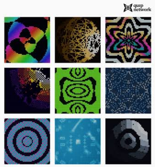 A collage from Quip Network displays nine distinct digital art pieces arranged in a grid, featuring pixelated patterns, faces, and geometric designs in vibrant colors.