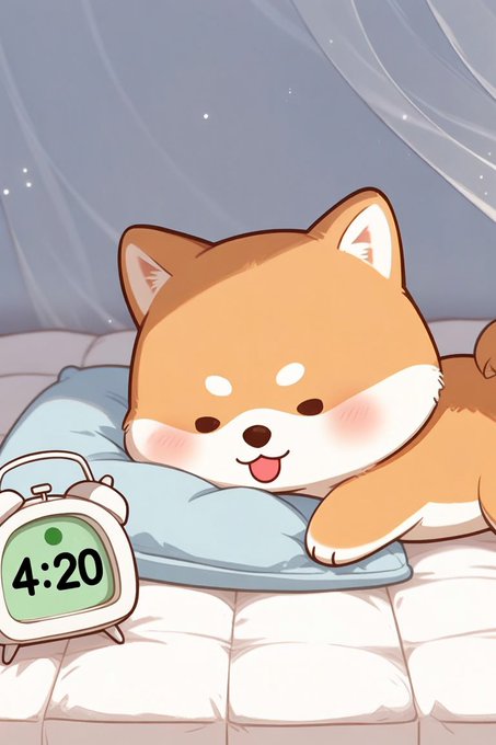 An illustrated Shiba Inu dog rests its head on a pillow with its tongue out next to an alarm clock displaying "4:20", with a starry night visible through sheer curtains.