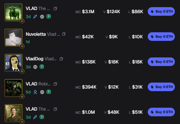 Cryptocurrency/NFT marketplace listing showing multiple 'VLAD' themed collectibles with market caps ranging from $42K to $3.1M, each with 'Buy 0 ETH' buttons.