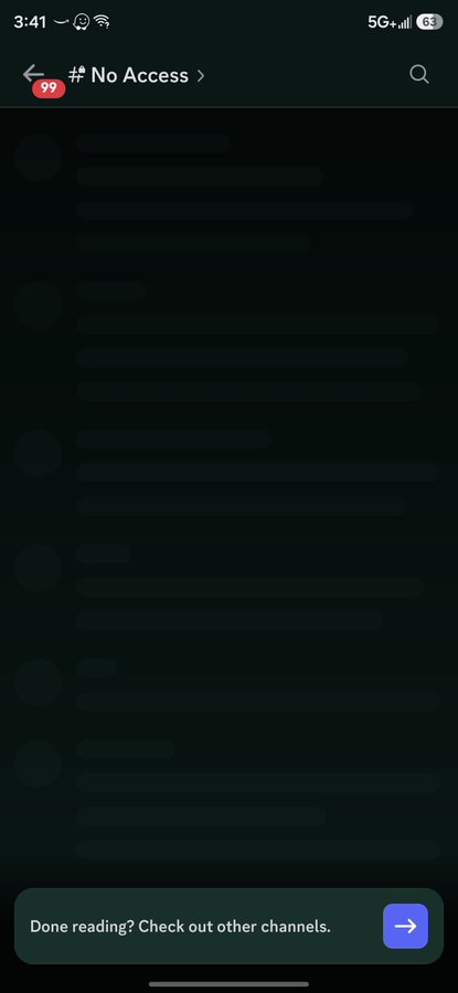 A mobile screenshot of a Telegram channel titled '# No Access' showing 99 notifications, with a blurred-out message list and a prompt saying 'Done reading? Check out other channels.'
