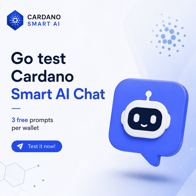 Promotional graphic for 'CARDANO SMART AI' featuring a blue chat bubble with a cute robot mascot, offering '3 free prompts per wallet' and a 'Test it now!' button.